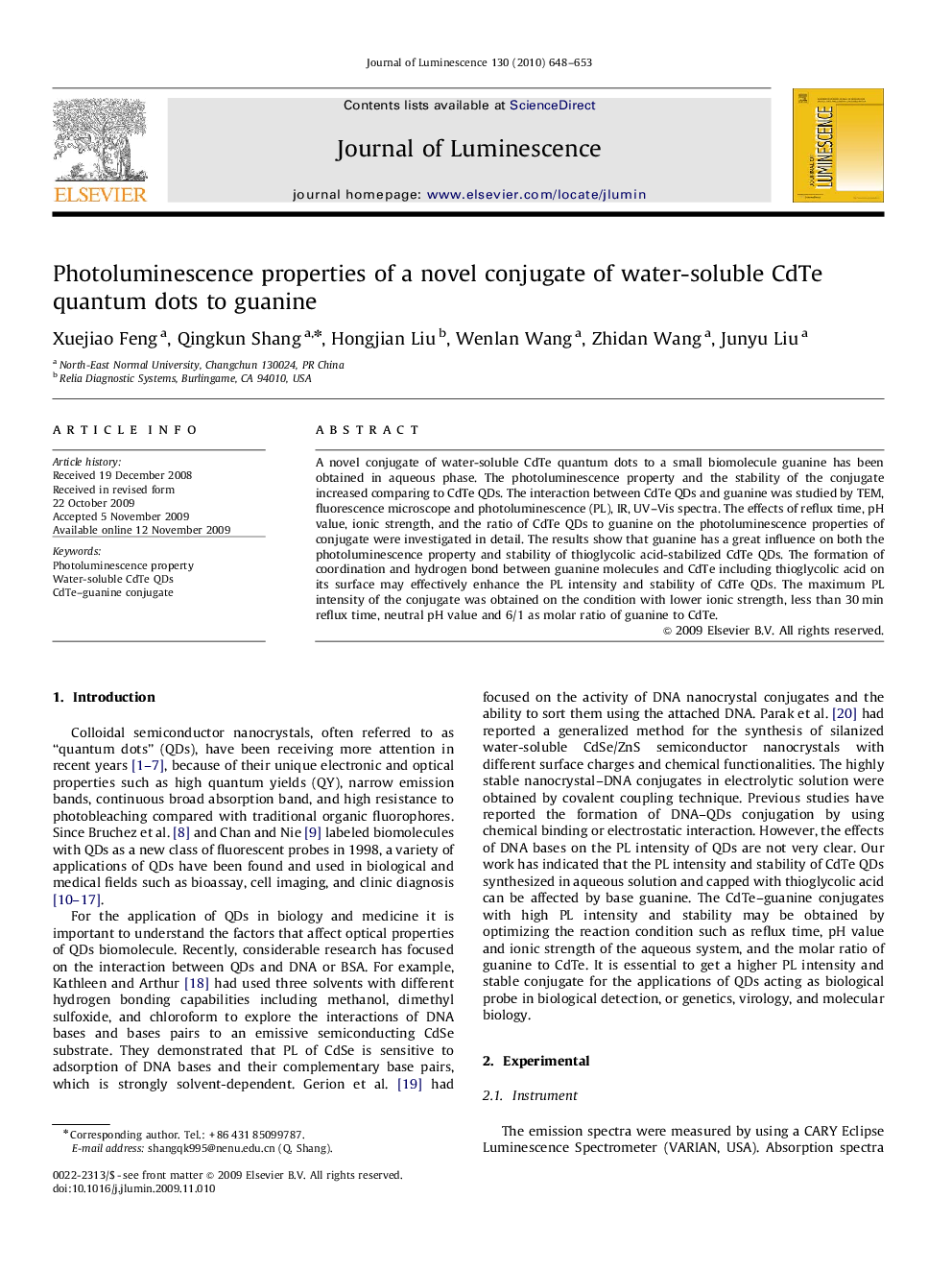 Photoluminescence properties of a novel conjugate of water-soluble CdTe quantum dots to guanine