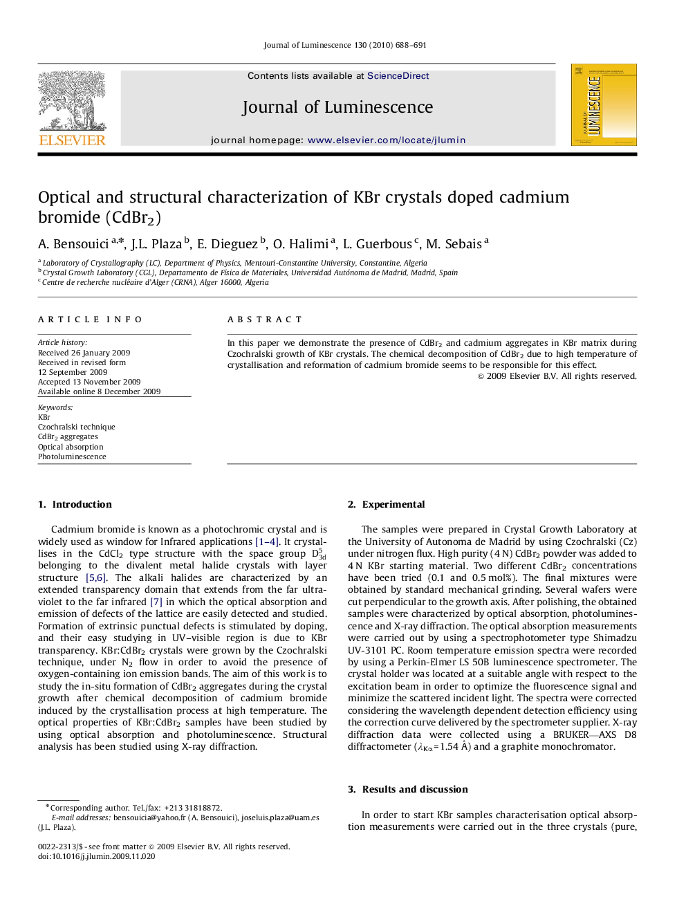عکس صفحه اول مقاله: Optical and structural characterization of KBr crystals doped cadmium bromide (CdBr2) Optical and structural characterization of KBr crystals doped cadmium bromide (CdBr2)