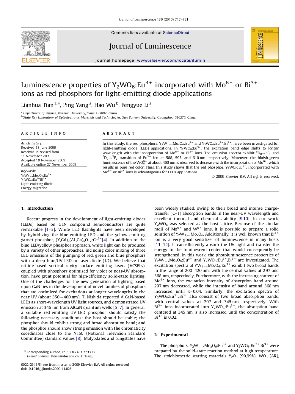 Luminescence properties of Y2WO6:Eu3+ incorporated with Mo6+ or Bi3+ ions as red phosphors for light-emitting diode applications