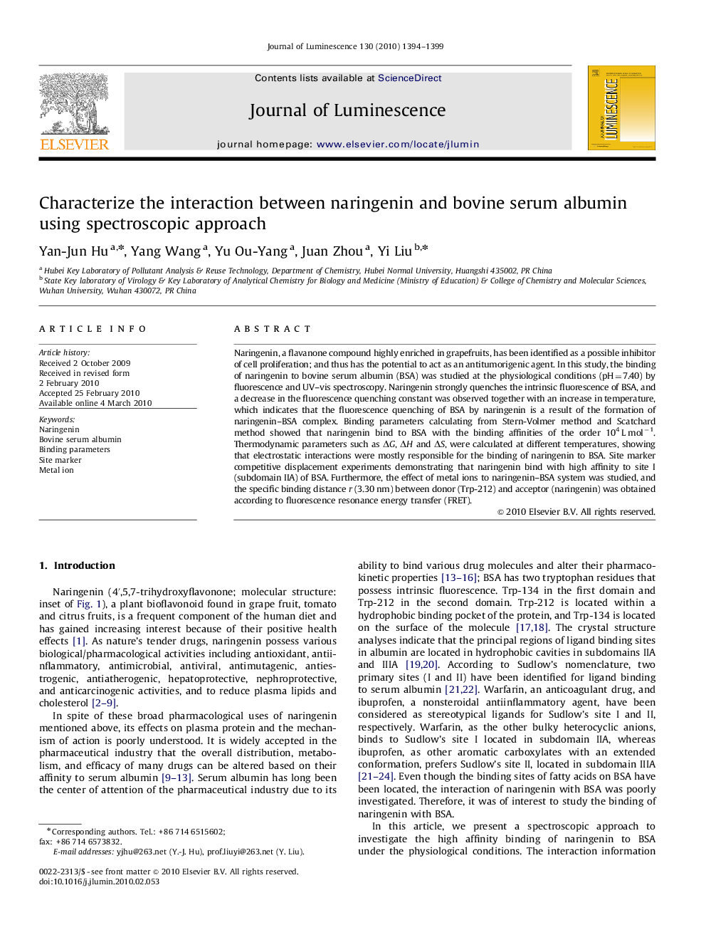 Characterize the interaction between naringenin and bovine serum albumin using spectroscopic approach