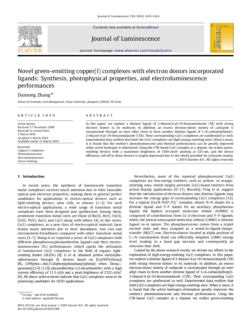 Novel green-emitting copper(I) complexes with electron donors incorporated ligands: Synthesis, photophysical properties, and electroluminescence performances