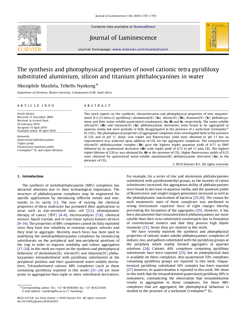 The synthesis and photophysical properties of novel cationic tetra pyridiloxy substituted aluminium, silicon and titanium phthalocyanines in water