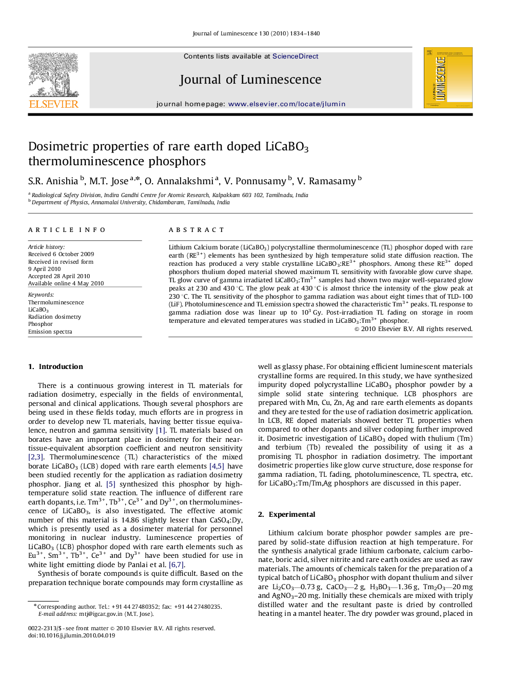 Dosimetric properties of rare earth doped LiCaBO3 thermoluminescence phosphors