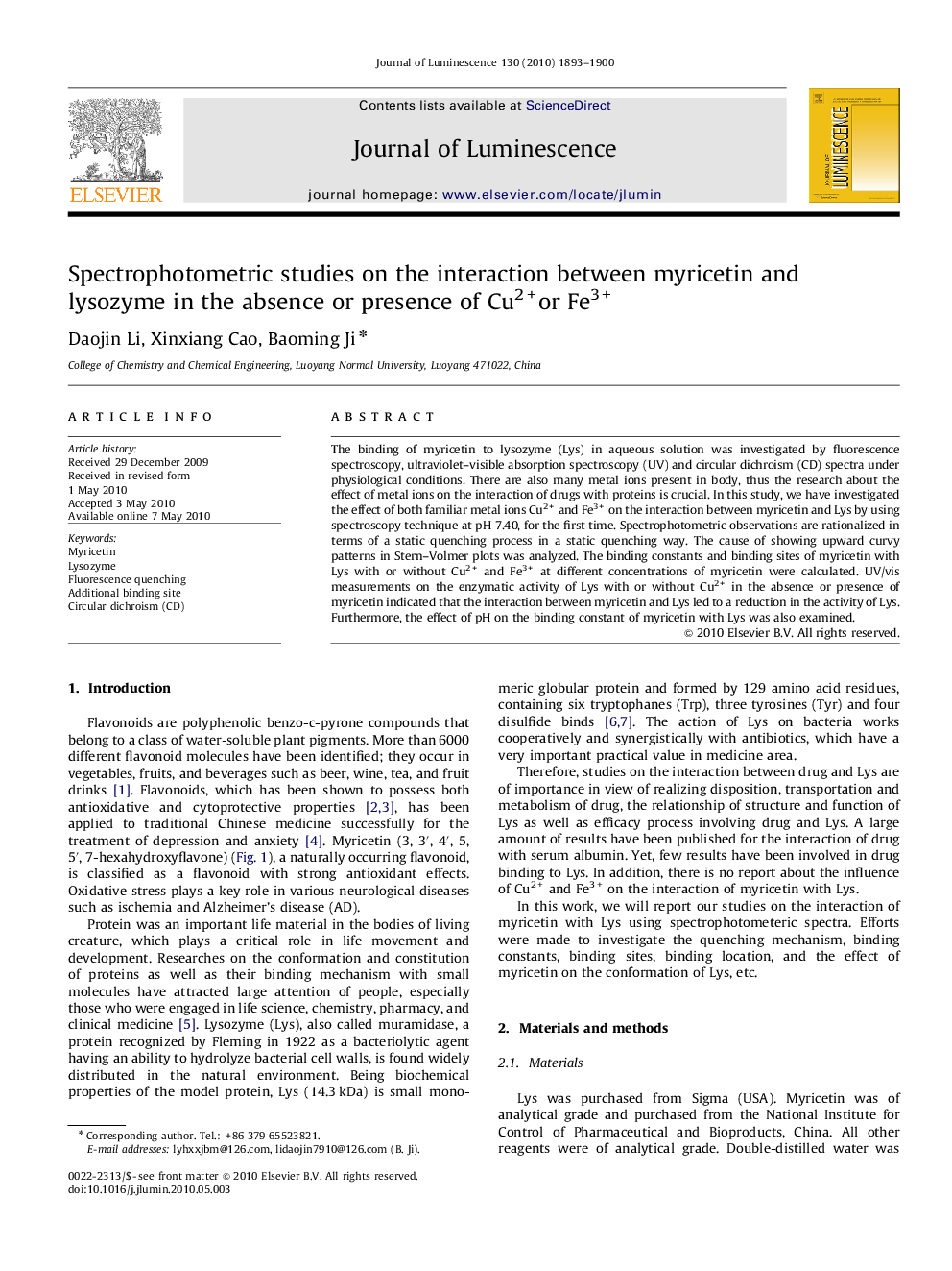 Spectrophotometric studies on the interaction between myricetin and lysozyme in the absence or presence of Cu2+or Fe3+