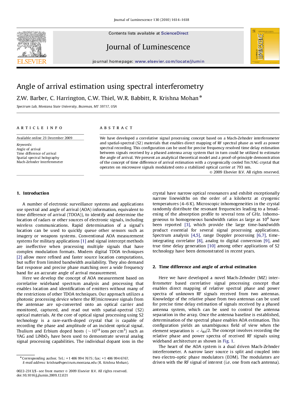 Angle of arrival estimation using spectral interferometry