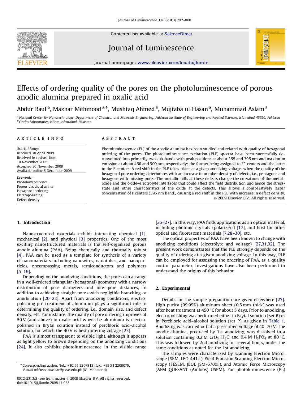 Effects of ordering quality of the pores on the photoluminescence of porous anodic alumina prepared in oxalic acid