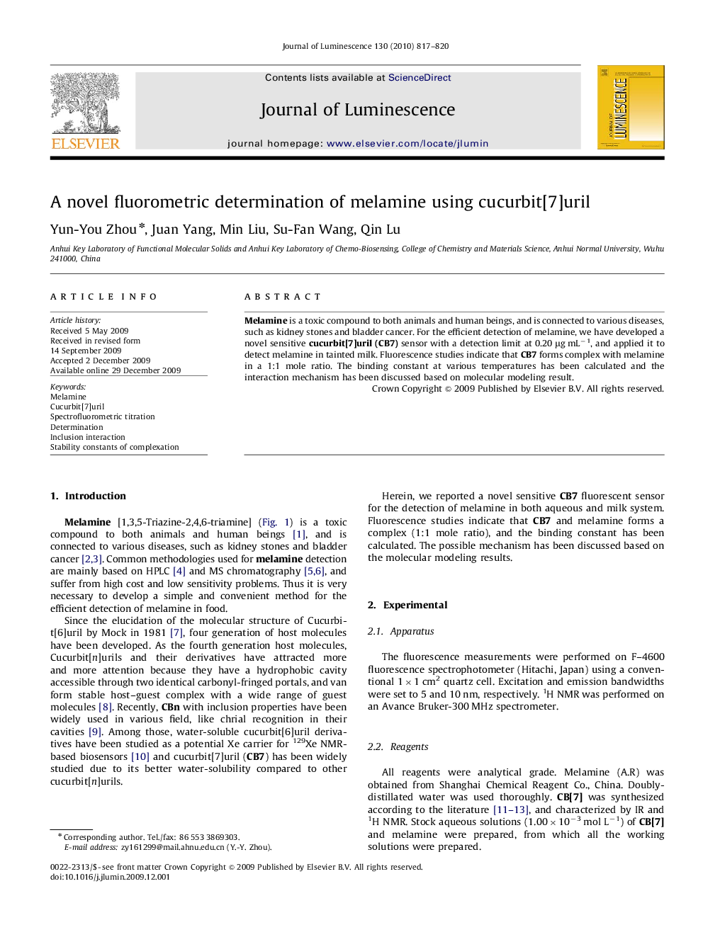 A novel fluorometric determination of melamine using cucurbit[7]uril