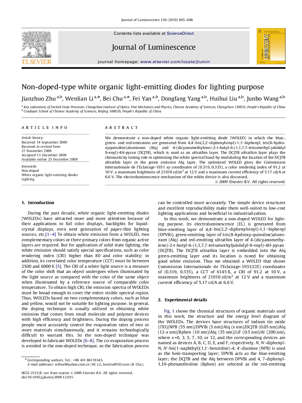 Non-doped-type white organic light-emitting diodes for lighting purpose