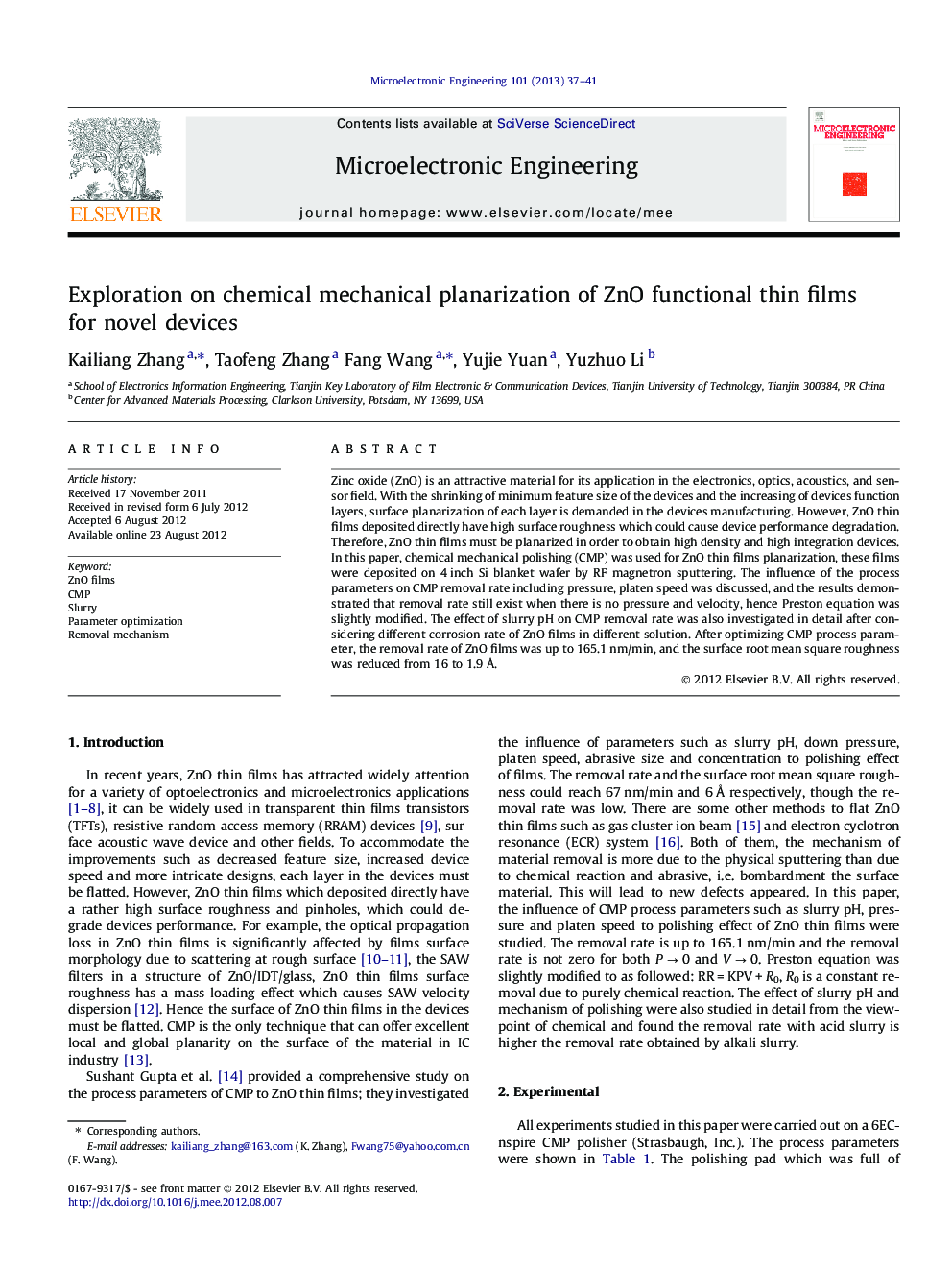 Exploration on chemical mechanical planarization of ZnO functional thin films for novel devices