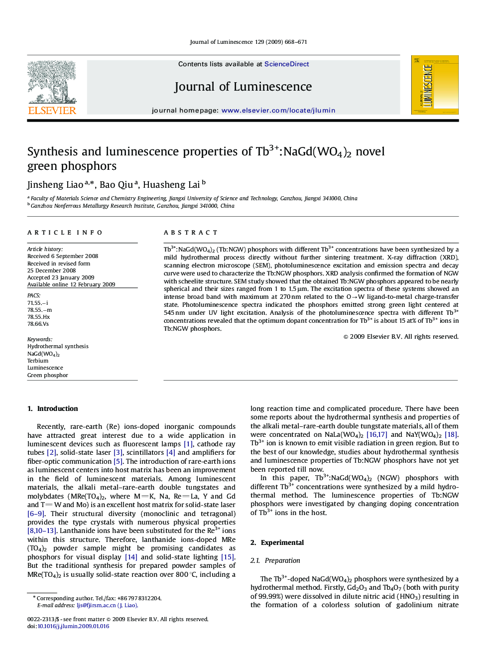 Synthesis and luminescence properties of Tb3+:NaGd(WO4)2 novel green phosphors