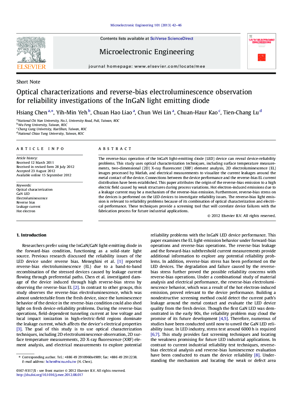 Optical characterizations and reverse-bias electroluminescence observation for reliability investigations of the InGaN light emitting diode