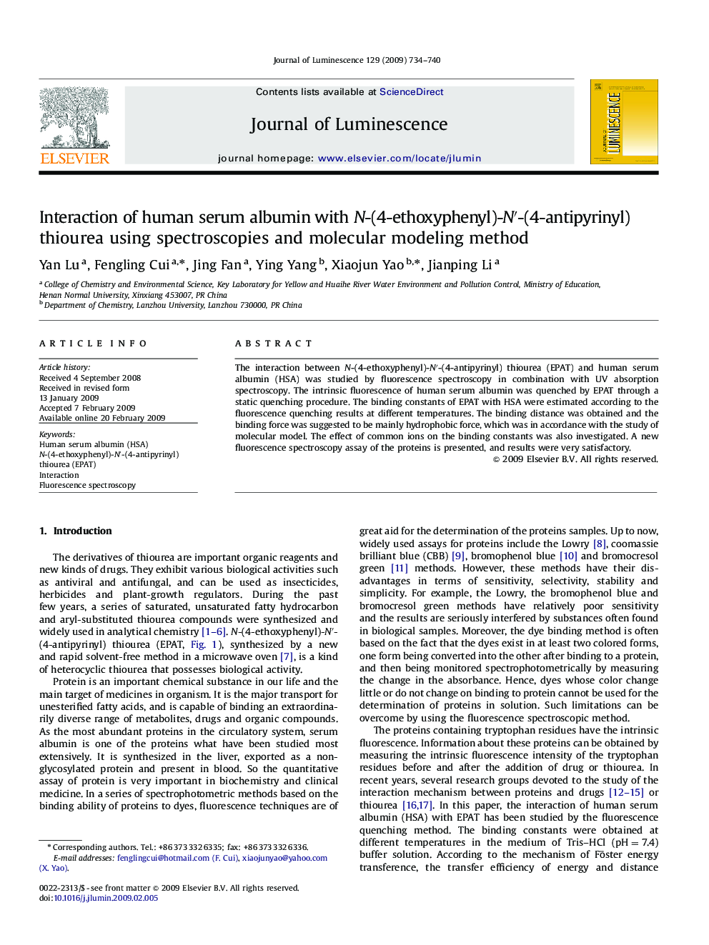 Interaction of human serum albumin with N-(4-ethoxyphenyl)-Nâ²-(4-antipyrinyl) thiourea using spectroscopies and molecular modeling method