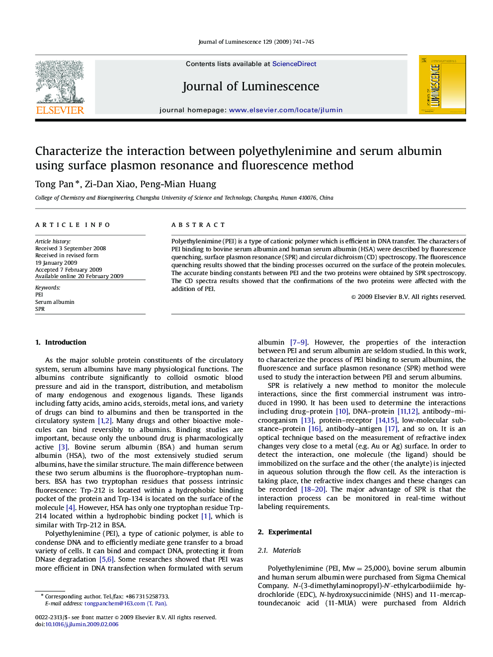 Characterize the interaction between polyethylenimine and serum albumin using surface plasmon resonance and fluorescence method