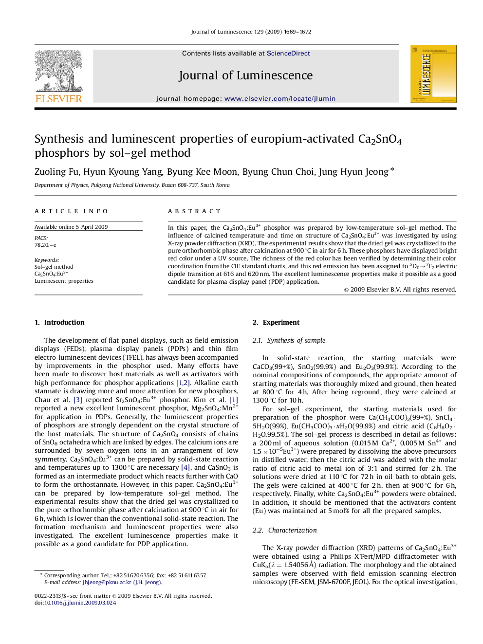 Synthesis and luminescent properties of europium-activated Ca2SnO4 phosphors by sol-gel method