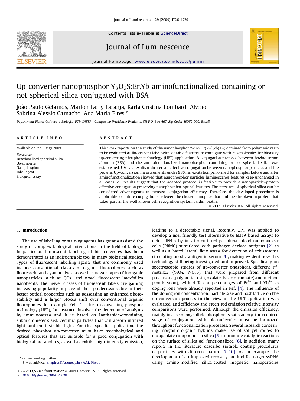 Up-converter nanophosphor Y2O2S:Er,Yb aminofunctionalized containing or not spherical silica conjugated with BSA