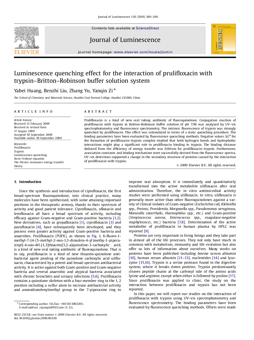 Luminescence quenching effect for the interaction of prulifloxacin with trypsin-Britton-Robinson buffer solution system