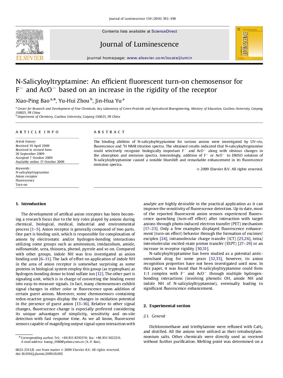 N-Salicyloyltryptamine: An efficient fluorescent turn-on chemosensor for Fâ and AcOâ based on an increase in the rigidity of the receptor