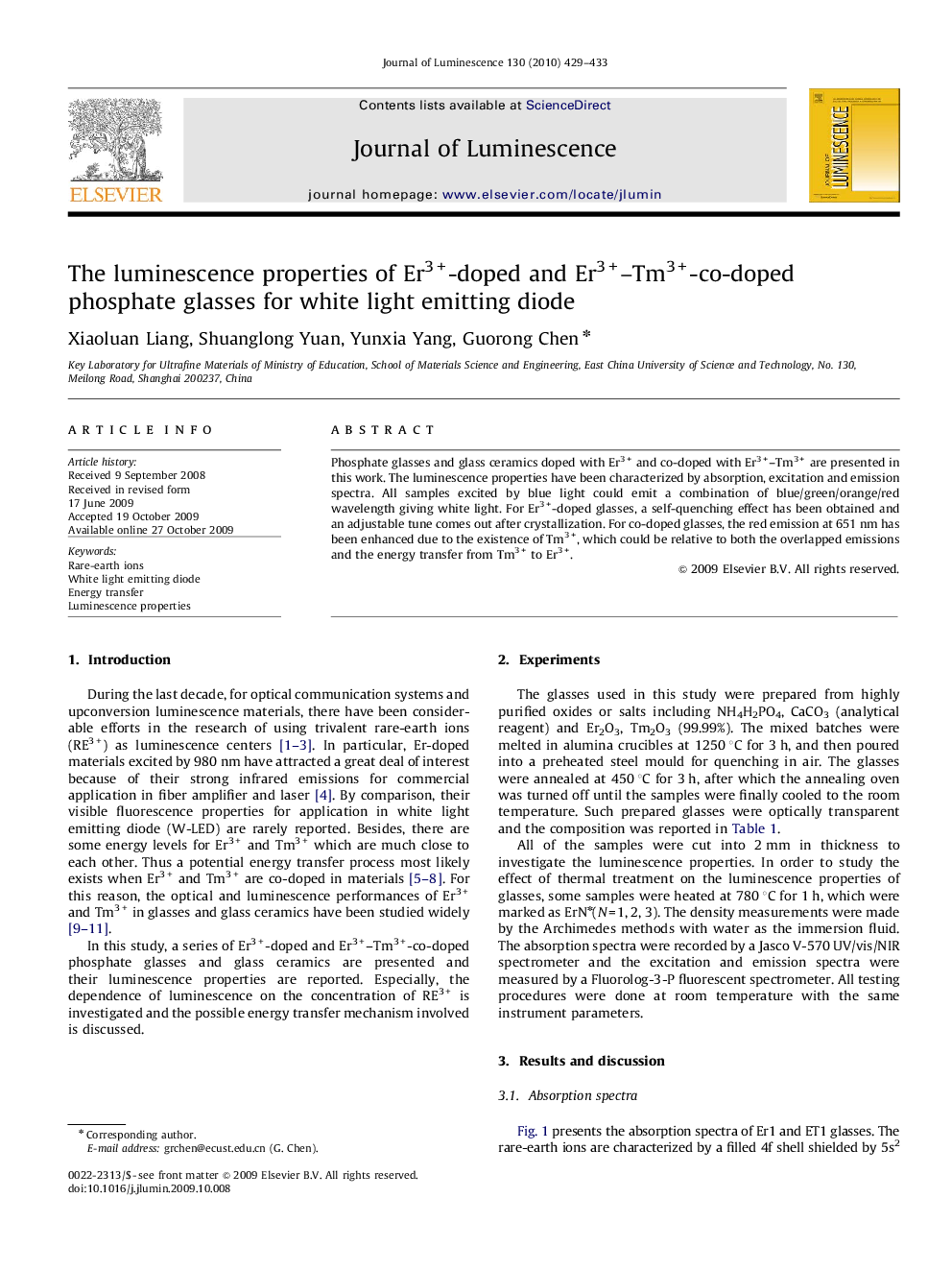 The luminescence properties of Er3+-doped and Er3+-Tm3+-co-doped phosphate glasses for white light emitting diode