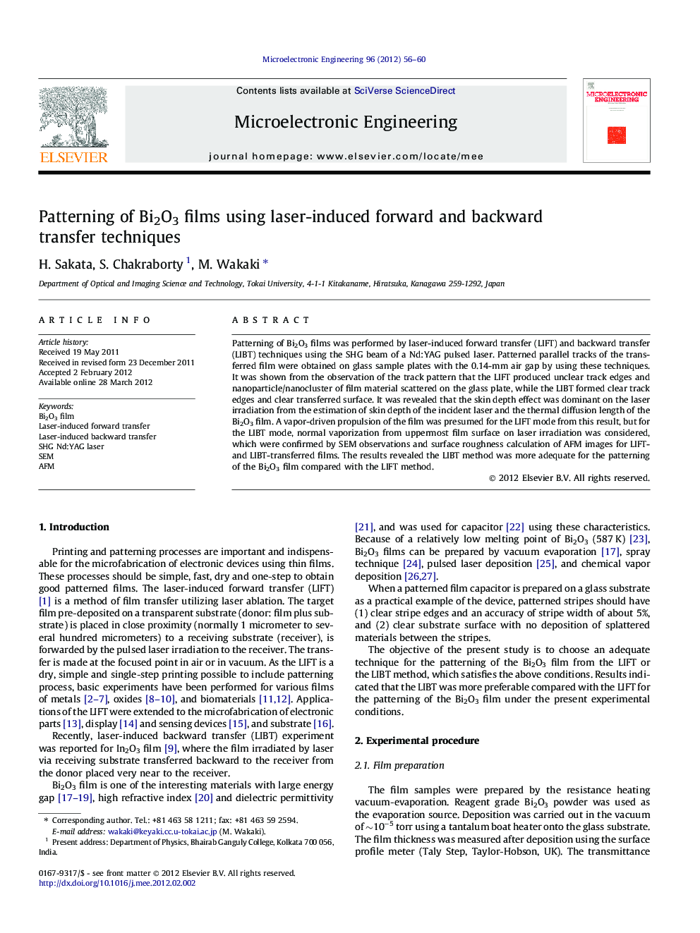 Patterning of Bi2O3 films using laser-induced forward and backward transfer techniques