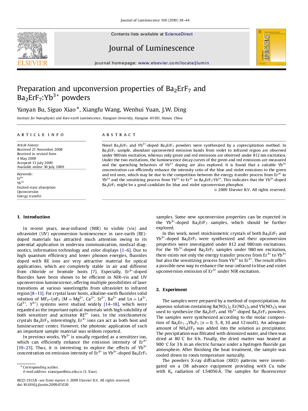 Preparation and upconversion properties of Ba2ErF7 and Ba2ErF7:Yb3+ powders