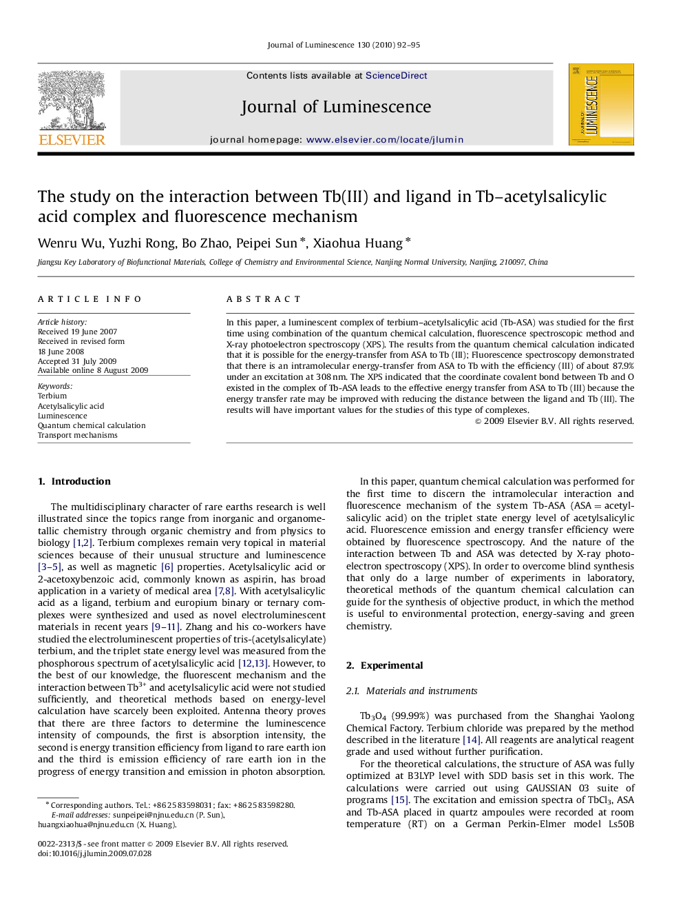 The study on the interaction between Tb(III) and ligand in Tb-acetylsalicylic acid complex and fluorescence mechanism