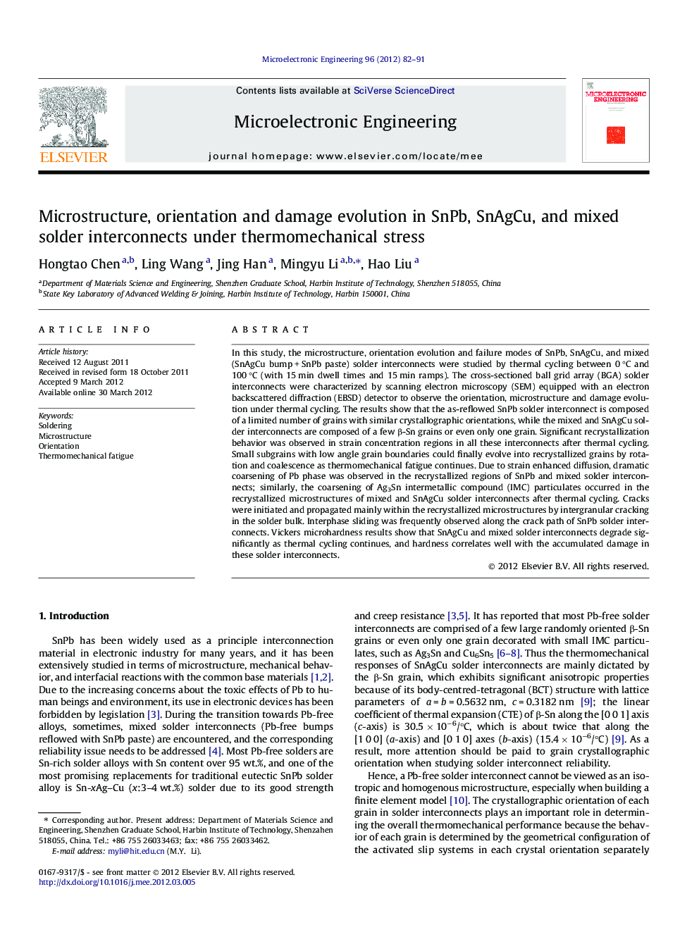 Microstructure, orientation and damage evolution in SnPb, SnAgCu, and mixed solder interconnects under thermomechanical stress
