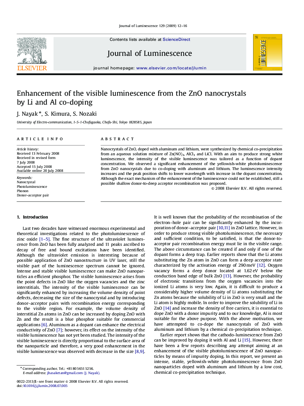 Enhancement of the visible luminescence from the ZnO nanocrystals by Li and Al co-doping