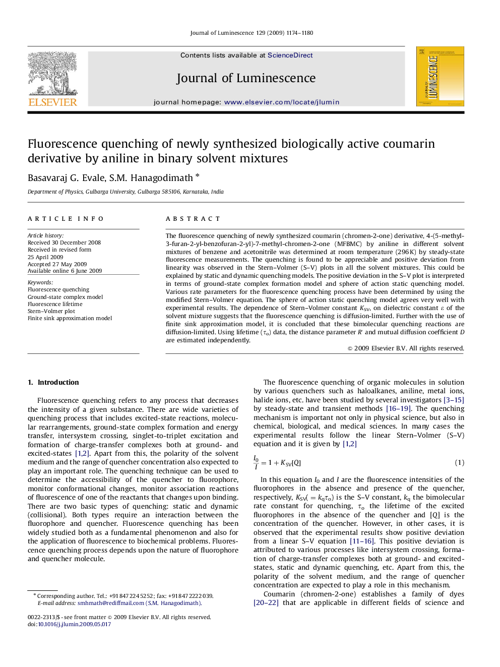 Fluorescence quenching of newly synthesized biologically active coumarin derivative by aniline in binary solvent mixtures