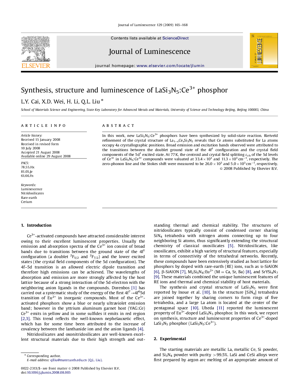 Synthesis, structure and luminescence of LaSi3N5:Ce3+ phosphor