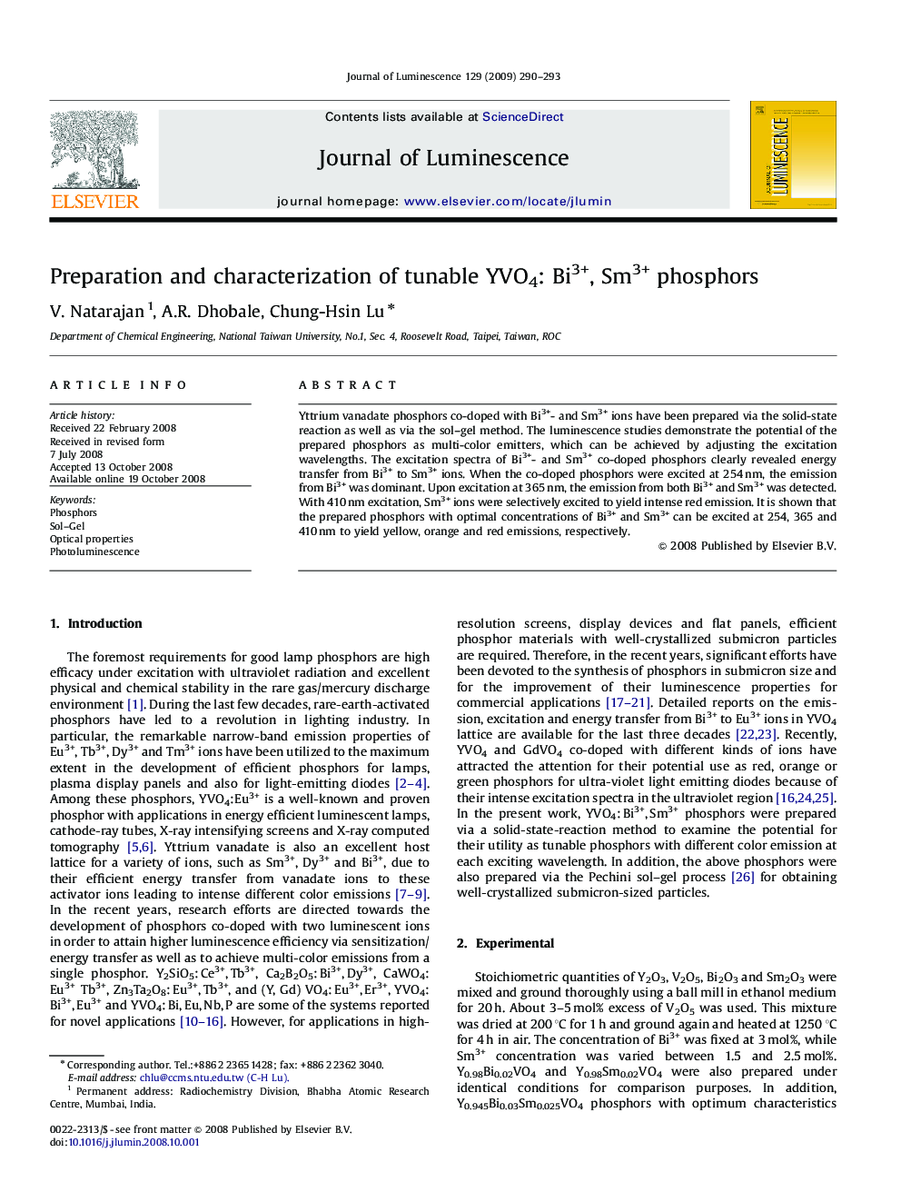 Preparation and characterization of tunable YVO4: Bi3+, Sm3+ phosphors