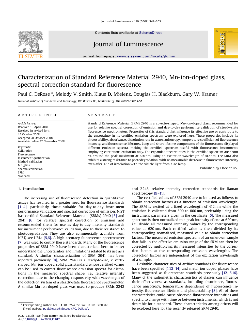 Characterization of Standard Reference Material 2940, Mn-ion-doped glass, spectral correction standard for fluorescence