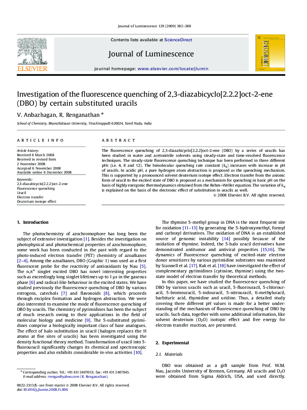 Investigation of the fluorescence quenching of 2,3-diazabicyclo[2.2.2]oct-2-ene (DBO) by certain substituted uracils