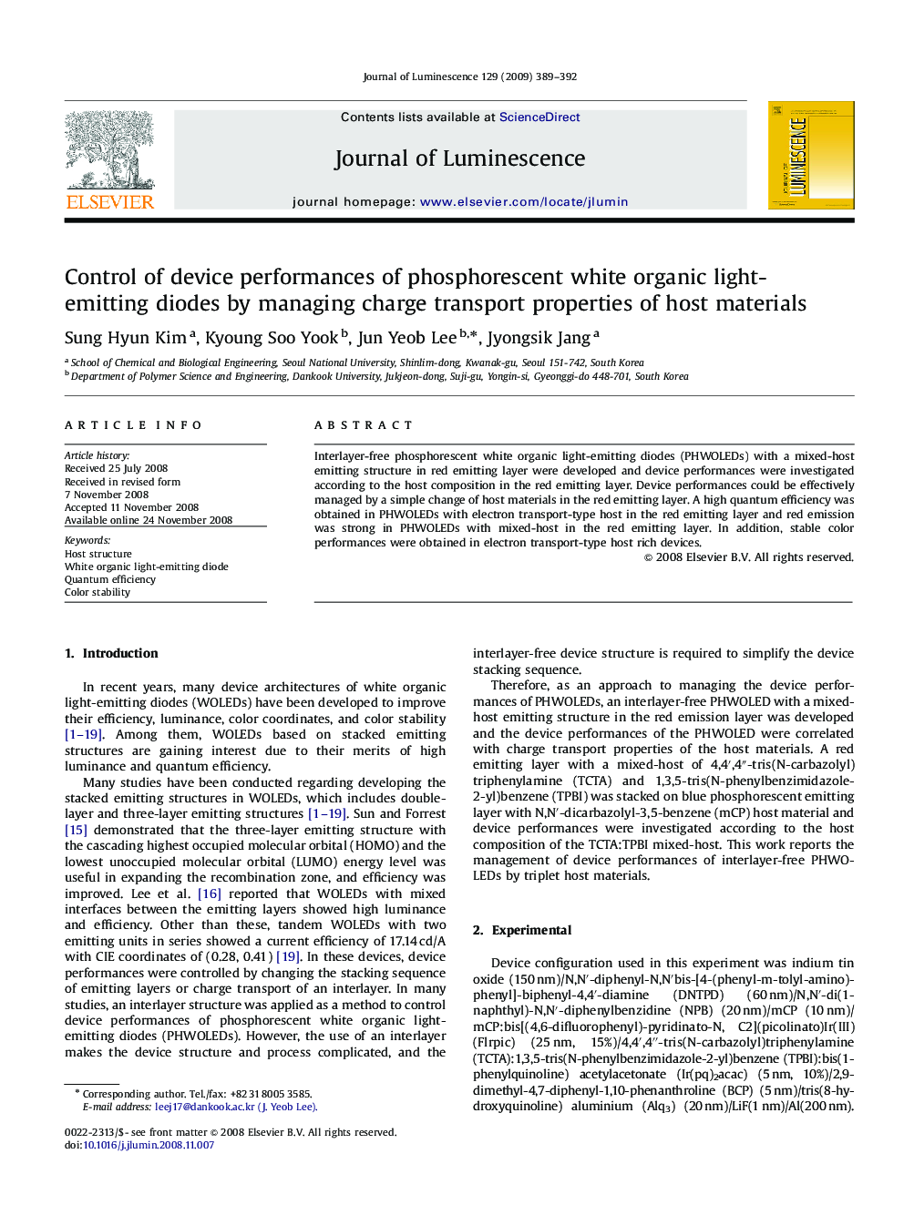 Control of device performances of phosphorescent white organic light-emitting diodes by managing charge transport properties of host materials