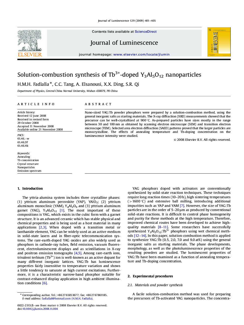 Solution-combustion synthesis of Tb3+-doped Y3Al5O12 nanoparticles