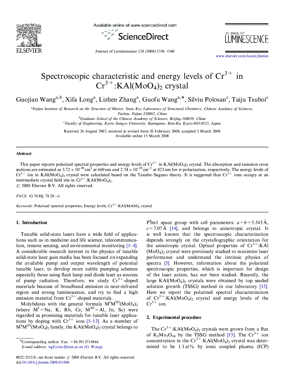 Spectroscopic characteristic and energy levels of Cr3+ in Cr3+:KAl(MoO4)2 crystal