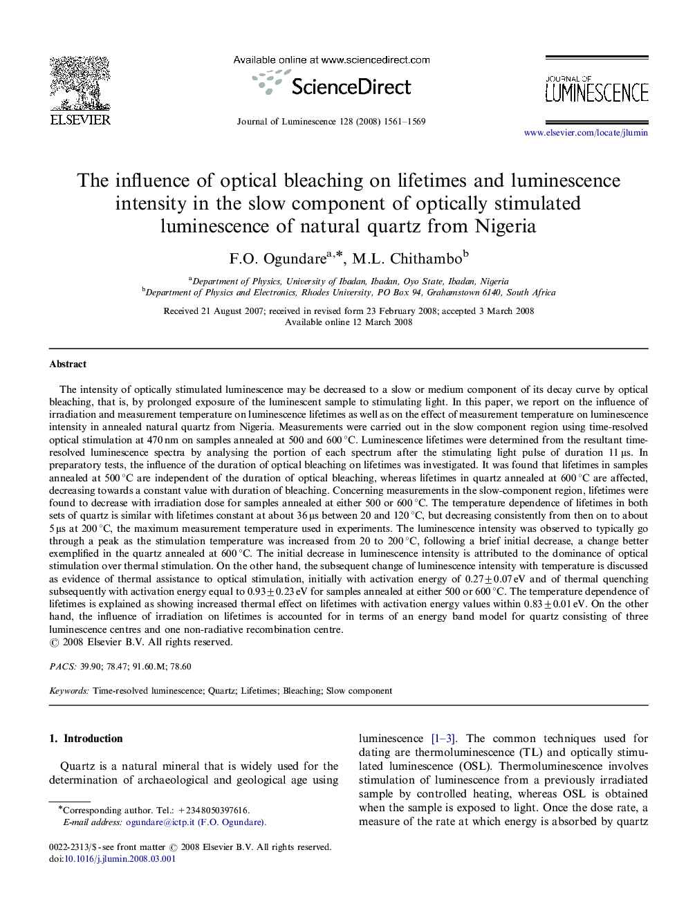 The influence of optical bleaching on lifetimes and luminescence intensity in the slow component of optically stimulated luminescence of natural quartz from Nigeria