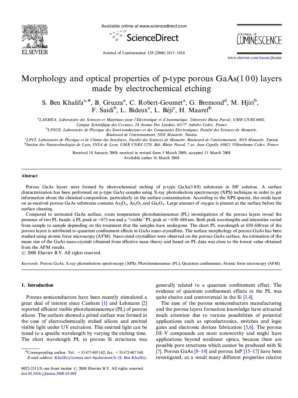 Morphology and optical properties of p-type porous GaAs(1Â 0Â 0) layers made by electrochemical etching