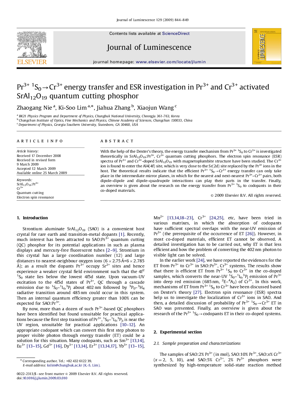 Pr3+1S0âCr3+ energy transfer and ESR investigation in Pr3+ and Cr3+ activated SrAl12O19 quantum cutting phosphor