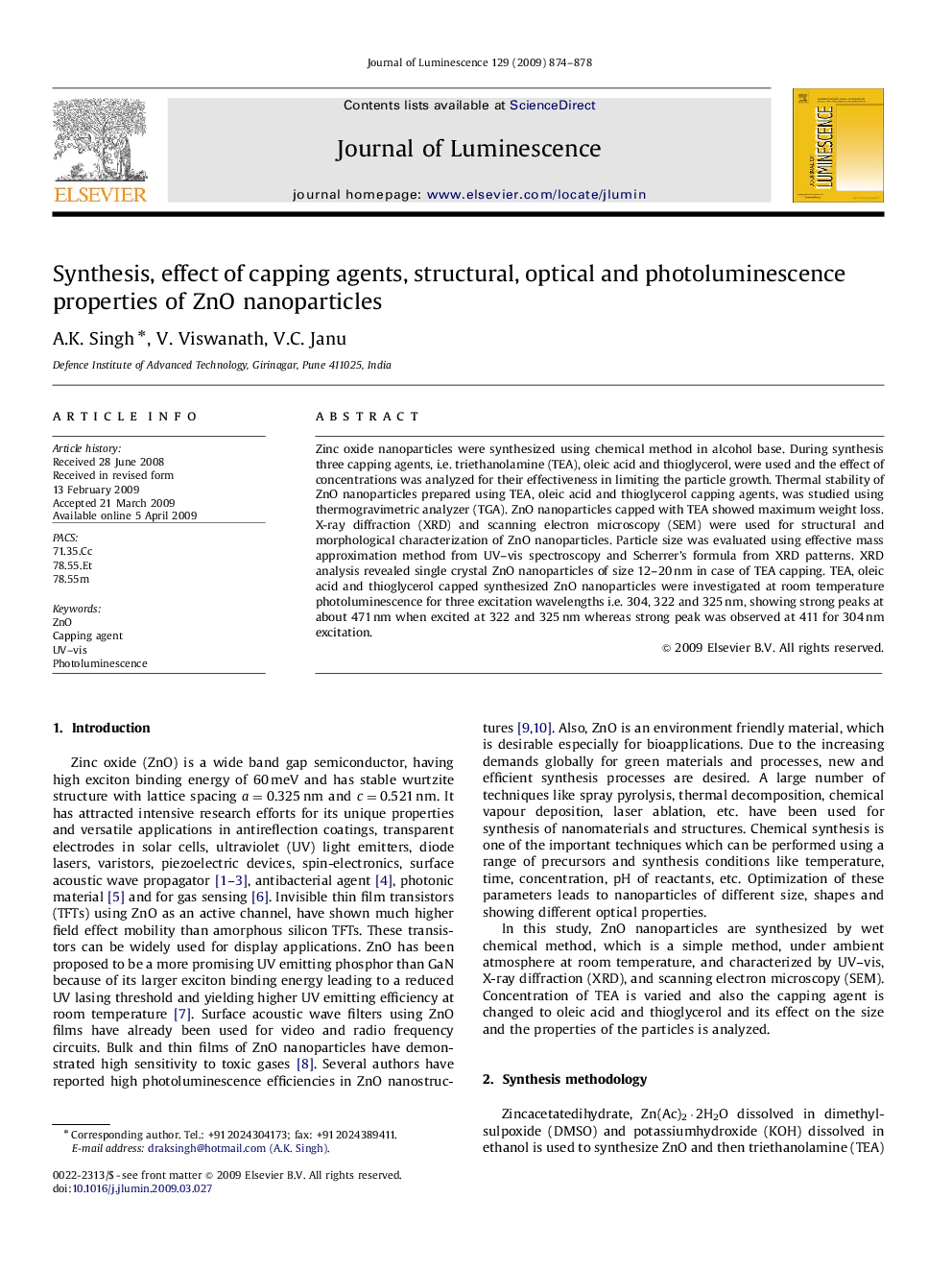 Synthesis, effect of capping agents, structural, optical and photoluminescence properties of ZnO nanoparticles