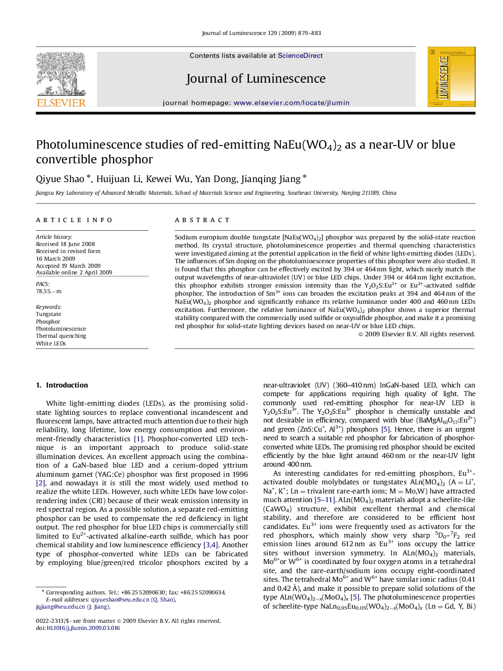 Photoluminescence studies of red-emitting NaEu(WO4)2 as a near-UV or blue convertible phosphor