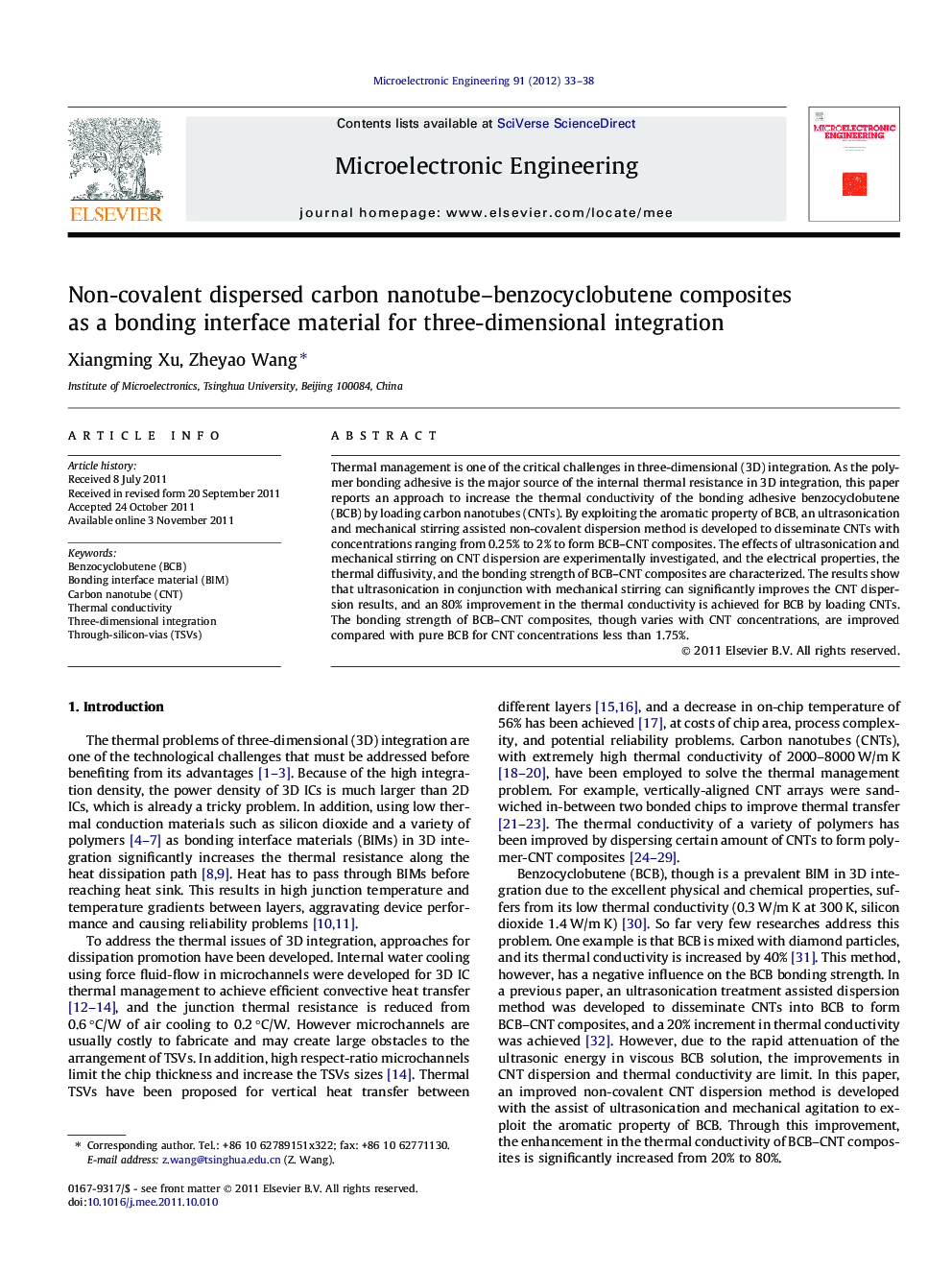 Non-covalent dispersed carbon nanotube–benzocyclobutene composites as a bonding interface material for three-dimensional integration