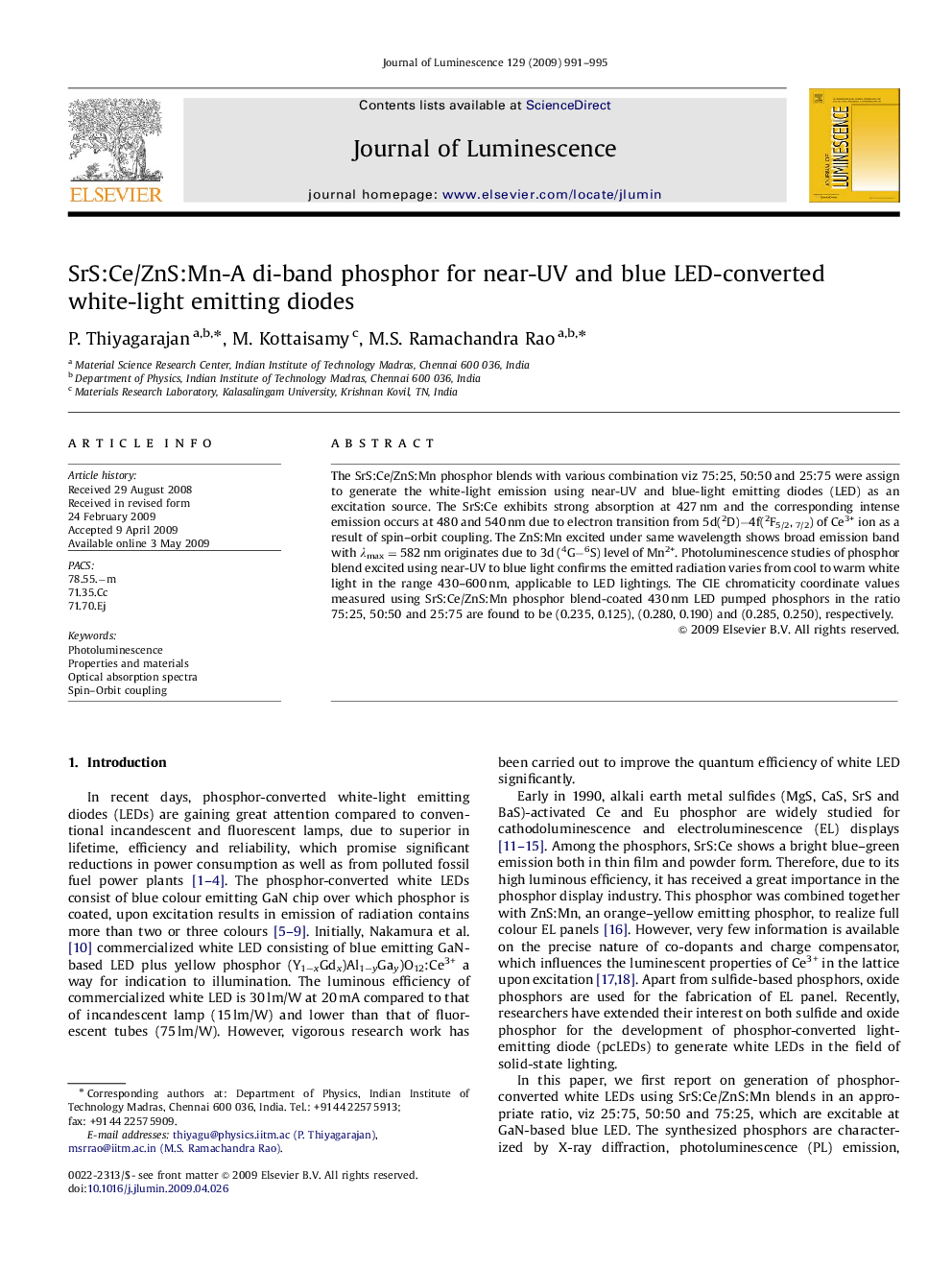 SrS:Ce/ZnS:Mn-A di-band phosphor for near-UV and blue LED-converted white-light emitting diodes