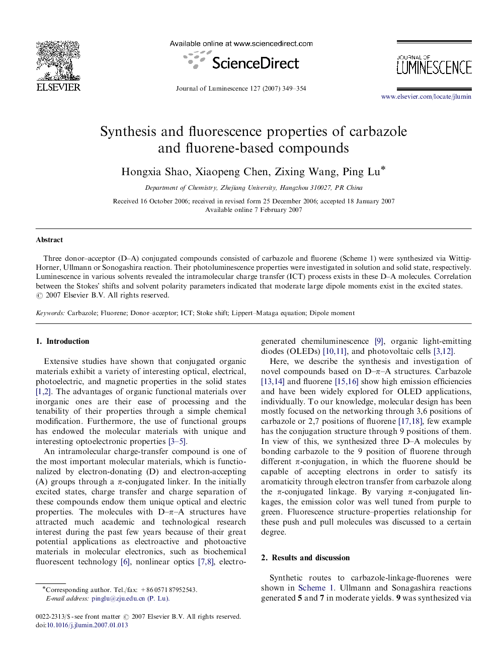 Synthesis and fluorescence properties of carbazole and fluorene-based compounds