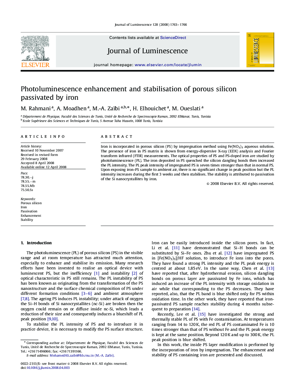 Photoluminescence enhancement and stabilisation of porous silicon passivated by iron