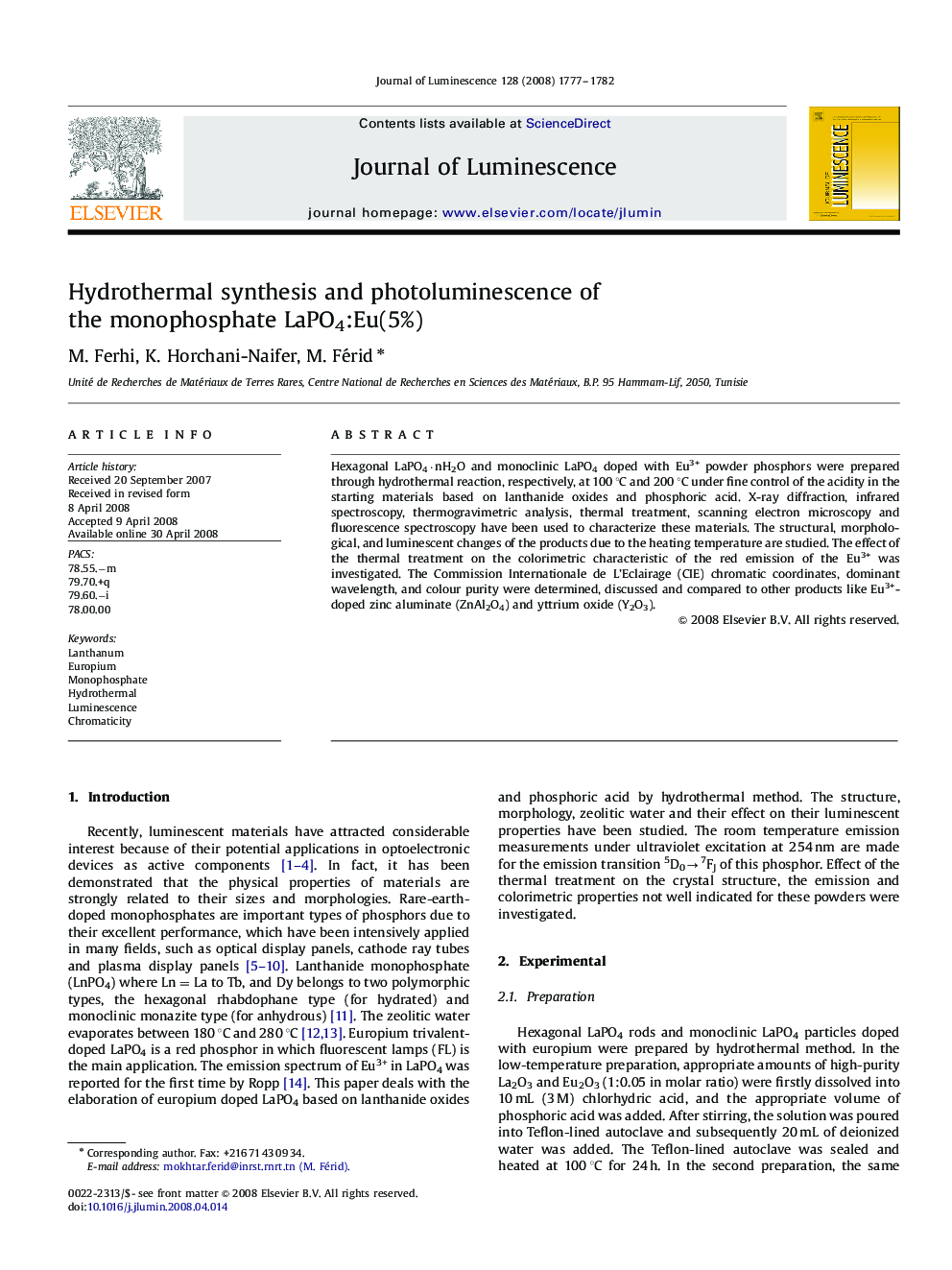 عکس صفحه اول مقاله: Hydrothermal synthesis and photoluminescence of the monophosphate LaPO4:Eu(5%) Hydrothermal synthesis and photoluminescence of the monophosphate LaPO4:Eu(5%)