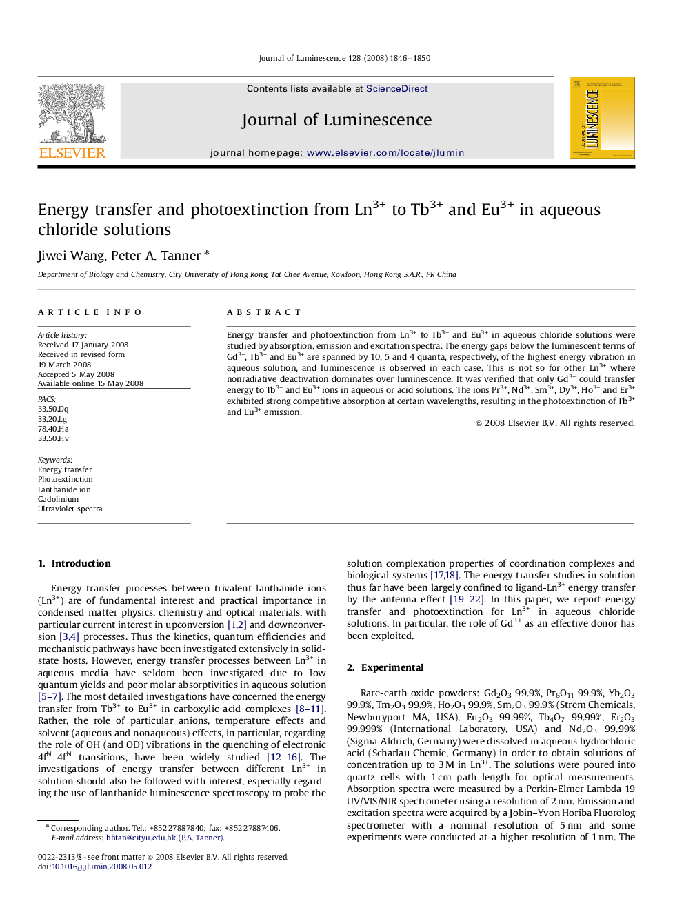 Energy transfer and photoextinction from Ln3+ to Tb3+ and Eu3+ in aqueous chloride solutions