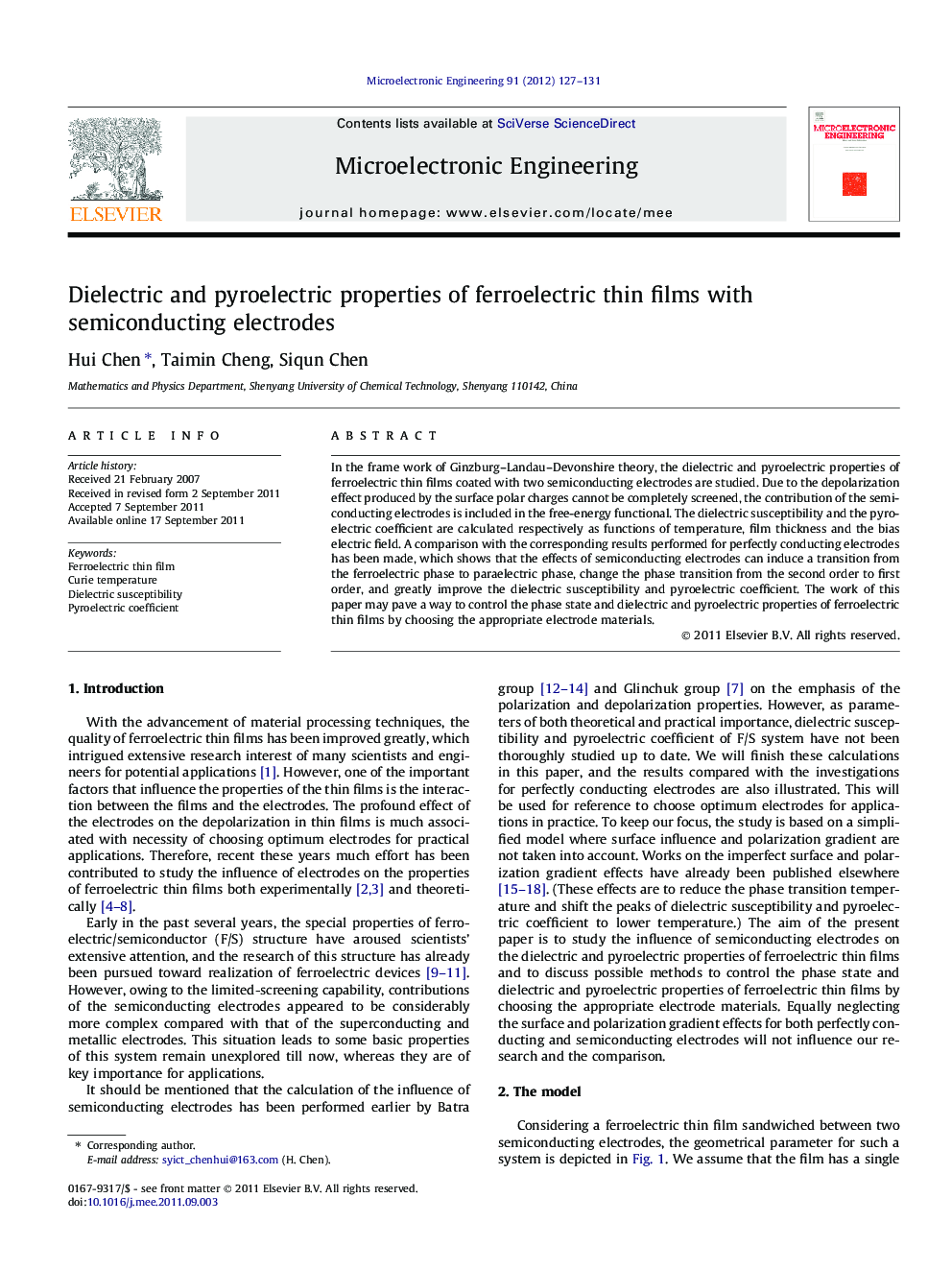 Dielectric and pyroelectric properties of ferroelectric thin films with semiconducting electrodes