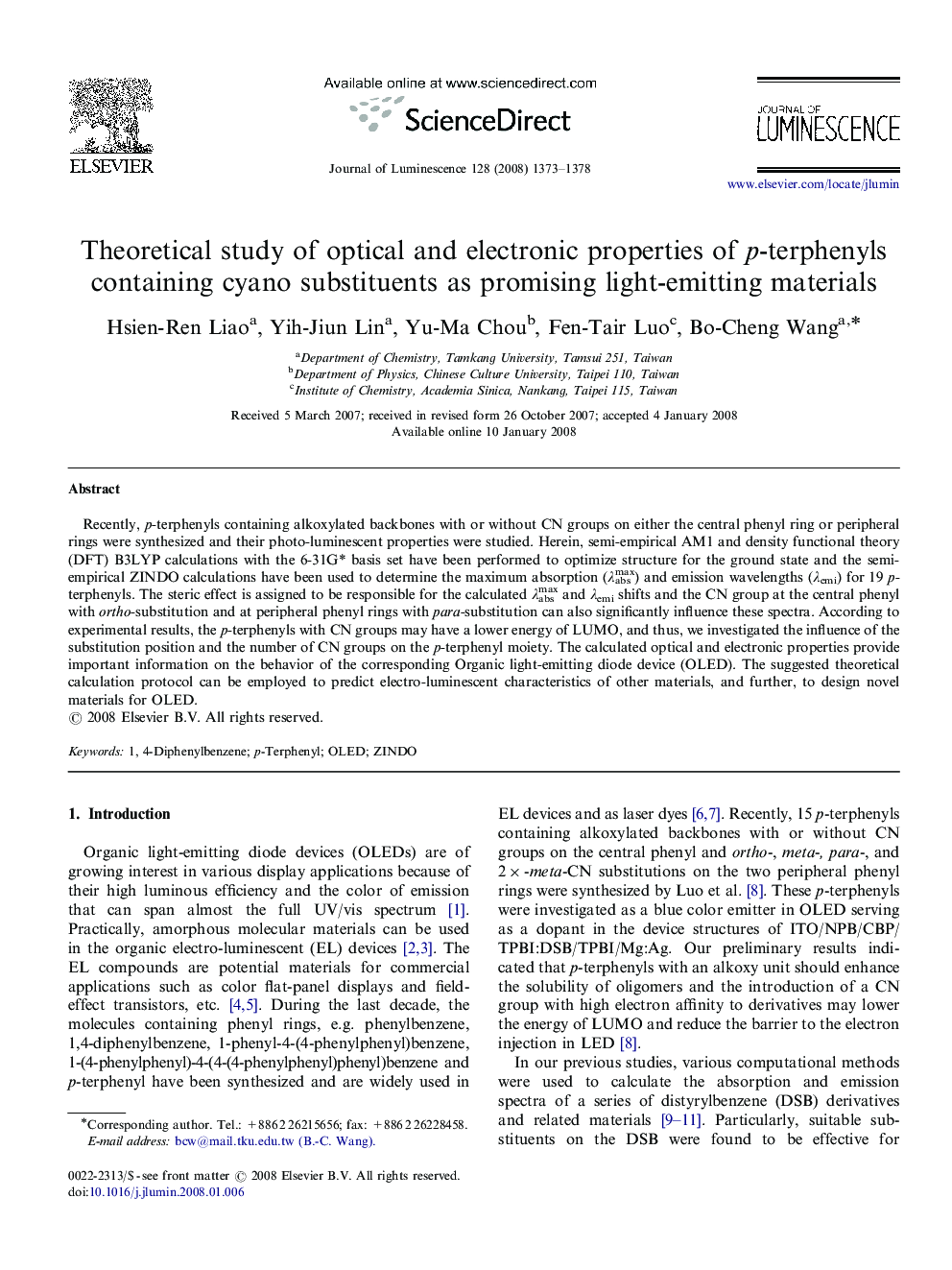 Theoretical study of optical and electronic properties of p-terphenyls containing cyano substituents as promising light-emitting materials