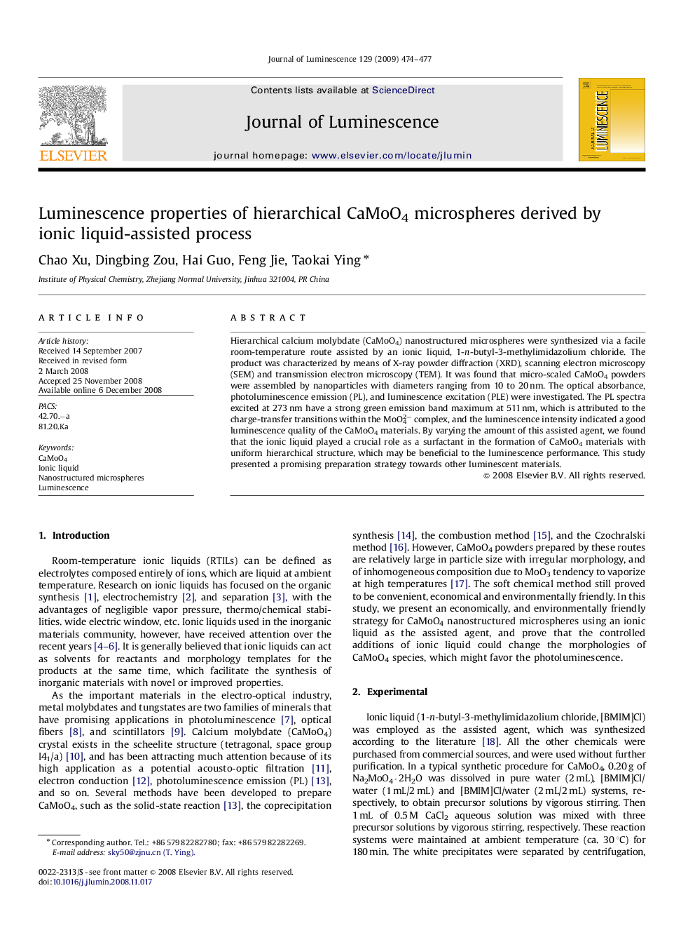 Luminescence properties of hierarchical CaMoO4 microspheres derived by ionic liquid-assisted process