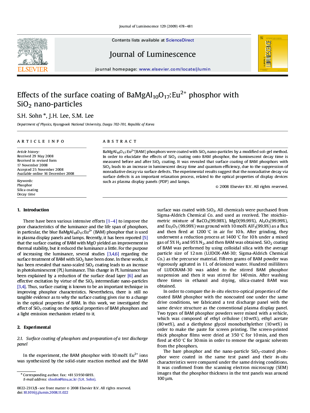 Effects of the surface coating of BaMgAl10O17:Eu2+ phosphor with SiO2 nano-particles